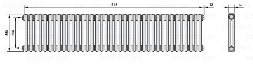 Схема (чертеж) Радиатор Zehnder Charleston 2056/38 №1270 Белый глянцевый RAL 9016